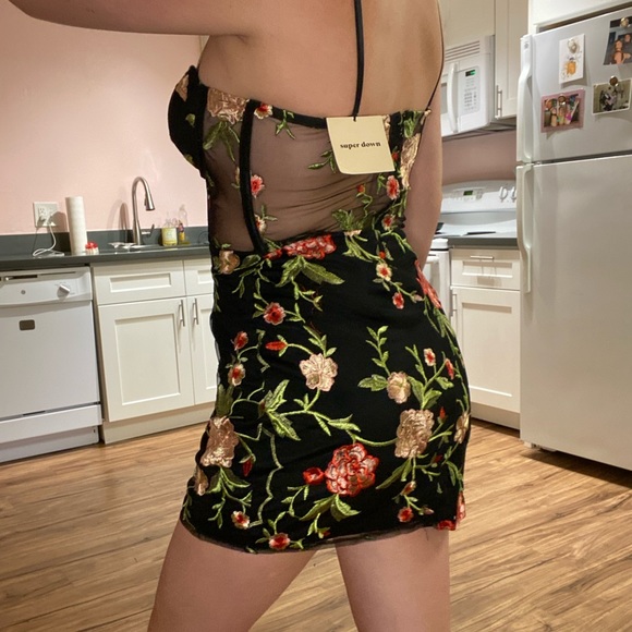 NWT Black sheer floral corset style Super Down mini formal dress - Picture 6 of 6